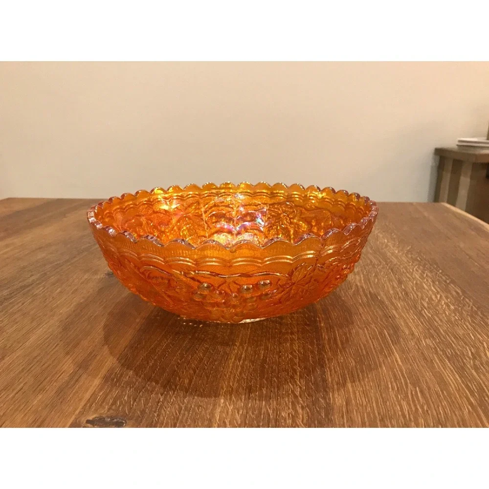 Imperial Glass Antique Orange Carnival Glass Serving Bowl Grapes Scalloped 9